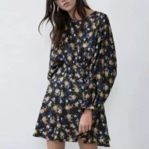 Zara Floral Faux Satin Dress with Puff Sleeve Detail SZ M